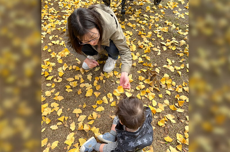 子供と落ち葉広い